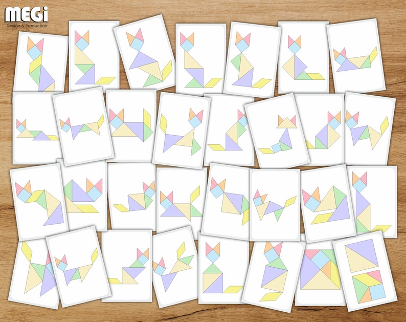 Pastel Color Tangram Set of Cats 90 Cards and Free Tangram | Etsy