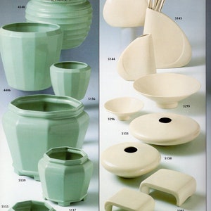 May include: A collection of ceramic vases and bowls in green and white. The vases are of various shapes and sizes, including a tall, cylindrical vase with a ribbed design, a shorter, round vase with a flared top, and a small, hexagonal vase. The bowls are also of various shapes and sizes, including a large, shallow bowl with a wide rim, a smaller, round bowl with a narrow rim, and a small, saucer-shaped bowl.