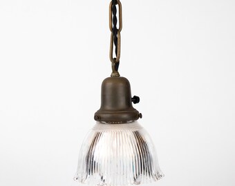 23 inch Pendant Lamp Holphane Shade Antique Steel Bell Canopy Portable Lamp 1900s