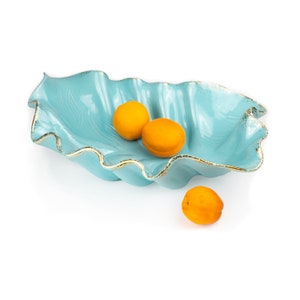 California Originals Turquoise Leaf Serving Bowl MCM Gold Edge