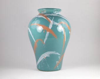 16 Inch Ceramic Jar Vase Teal Pink White Splashes 1980s Deco Postmodern Flower