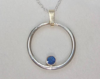Silver and Gold Circle Blue 3mm Sapphire Pendant - Gold Silver Circular Necklace - Circle Sapphire Pendant with Chain - Coronation hallmark