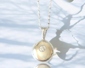 Silver moissanite sparkly pendant with chain, round blob pendant with clear stone, Christmas gift for her, solid silver necklace