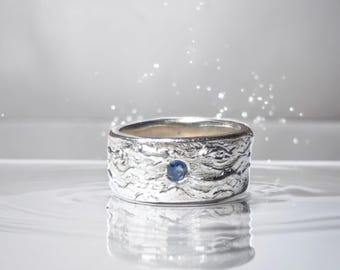 Silver Sapphire Wave Beach Summer Ring - Unisex Mens Ring - Statement Wedding Ring - September Birthstone Heavy Ring - Cool Sapphire Ring