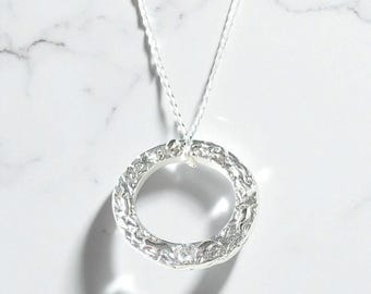 Summer Jewellery - Handmade Solid Silver Lab Diamond / Moissanite Circle Textured Pendant - Wave Effect Necklace with Chain