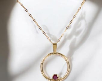SOLID GOLD RUBY Pendant in Yellow Gold, Ruby Necklace in 9ct Yellow Gold - Red Stone Mother's Day Gift - July Birthday Gift - 40th Wedding