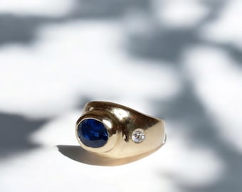 9ct Yellow Gold Bezel Set Blue Sapphire Heavy Chunky Ring with Flush Set Diamonds / Roman Style / Medieval Style Divorce Ring