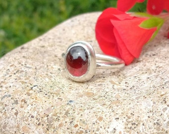 Handmade Garnet silver ring - red ring in silver - silver cabochon red stone ring -deep red silver ring - dark red ring