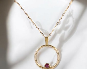 9ct Yellow Gold Red Ruby Circle Pendant, Circular Ruby Necklace in Yellow Gold, Hallmarked Gold Gifts for Her, Handmade 40th anniversary