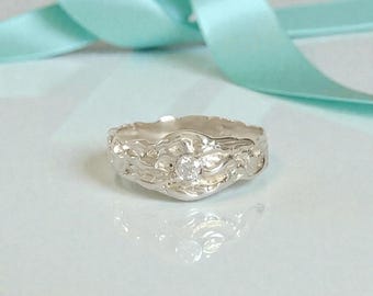 Handmade Solid Silver Wave Textured Ring - Flush Set Lab Diamond - Beach Summer Jewellery Ring - Beach Wedding Jewellery