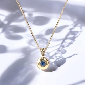 9ct Yellow SOLID GOLD Sapphire Pendant, September Birthday Luxury Gift, Round Circular Hallmarked Blue Sapphire Pendant, boxed with chain.