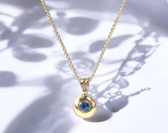 9ct Yellow SOLID GOLD Sapphire Pendant, September Birthday Luxury Gift, Round Circular Hallmarked Blue Sapphire Pendant, boxed with chain.