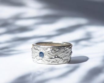 Summer Jewellery - Handmade Solid Silver Sapphire Ring - Wave Ring - Unisex Mens Ring - Statement Wedding Ring - September Birthstone Heavy