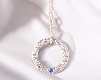 Summer Jewellery - Handmade Solid Silver Sapphire Circle Textured Pendant - Wave Effect Necklace with Chain - Blue stone Necklace
