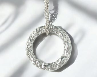 Summer Jewellery - Handmade Solid Silver Circle Textured Pendant - Raised Wave Effect Necklace with Chain