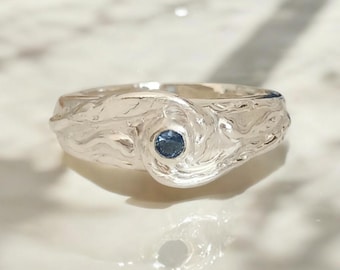 Handmade Heavy Solid Silver Sapphire Wave Crest Ring - Size Q - Blue Stone Ethereal Mystical Fantasy Ring - Flush. Make size to order.