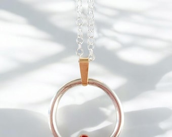 9ct Gold and Silver Ruby Circle Pendant, Red Ruby Circular Necklace, 40th Anniversary or July Birthday gift, ideal for Christmas. Hallmarked