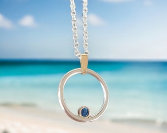 Silver and Gold Circle Blue 3mm Sapphire Pendant - Gold and Silver Circular Necklace - Circle Sapphire Pendant with Chain - Gifts for Her
