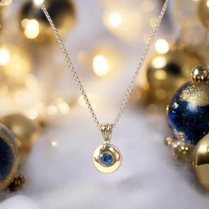 9ct Yellow SOLID GOLD Sapphire Pendant, September Birthday Luxury Gift, Round Circular Hallmarked Blue Sapphire Pendant, boxed with chain.