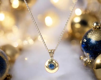 9ct Yellow SOLID GOLD Sapphire Pendant, September Birthday Luxury Gift, Round Circular Hallmarked Blue Sapphire Pendant, boxed with chain.