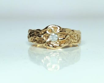 SOLID 9CT Yellow GOLD Handmade Wave Ring with 3mm Lab Diamond