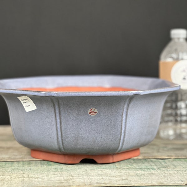 May include: A light blue glazed ceramic bonsai pot with a hexagonal shape and a rounded bottom. The pot has a label that reads "Unglazed Pottery Family 12" and a red sticker with the word "Western" on it.
