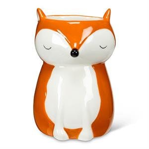May include: Orange ceramic fox planter with white accents and closed eyes.