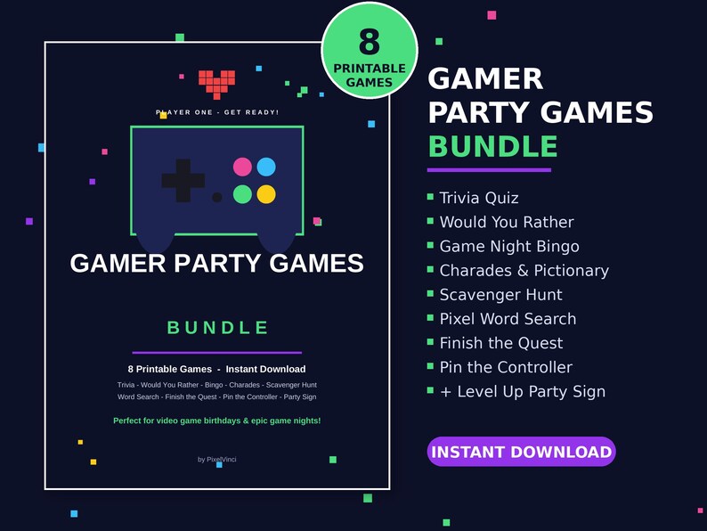Gamer Party Games Bundle Printable | Video Game Birthday Party Games | Gaming Party Activities Instant Download image 1