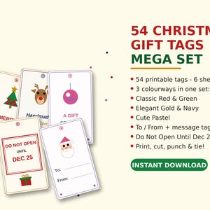 54 Christmas Gift Tags Printable | To From Tags in 3 Colorways | Holiday Gift Tag Set, Gift Wrapping Tags | Instant Download