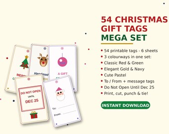 54 Christmas Gift Tags Printable | To From Tags in 3 Colorways | Holiday Gift Tag Set, Gift Wrapping Tags | Instant Download