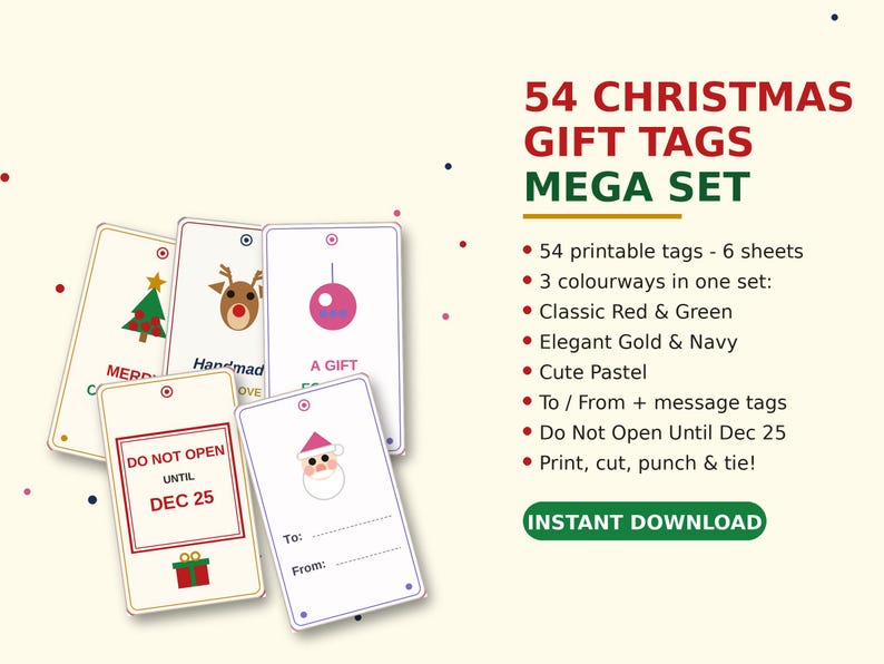 54 Christmas Gift Tags Printable | To From Tags in 3 Colorways | Holiday Gift Tag Set, Gift Wrapping Tags | Instant Download image 1