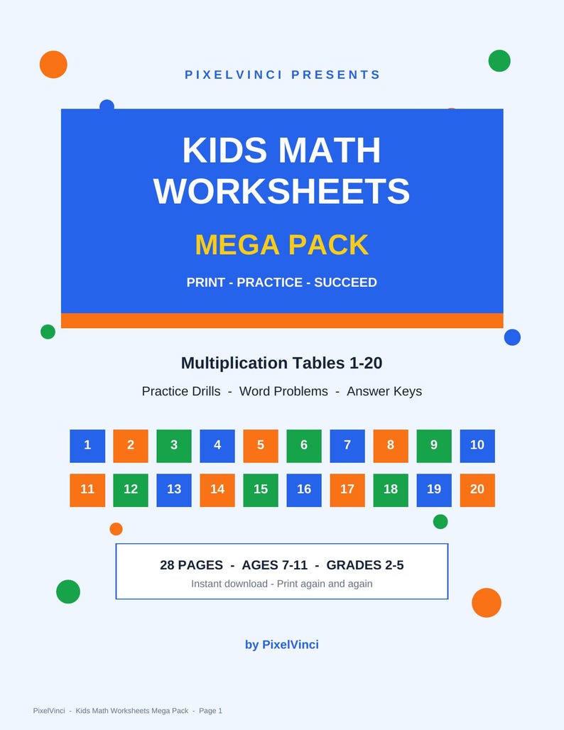 Multiplication Worksheets Printable | Times Tables 1-20 Practice | Math Worksheets for Kids | Homeschool Math | Instant Download image 2