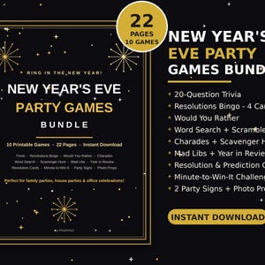 New Years Eve Party Games Bundle Printable | 22 Pages, 10 NYE Games | NYE Party Games for Adults & Family | Instant Download