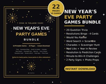 New Years Eve Party Games Bundle Printable | 22 Pages, 10 NYE Games | NYE Party Games for Adults & Family | Instant Download
