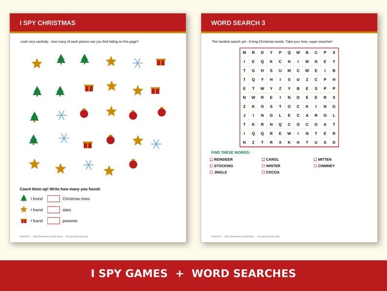 Kids Christmas Activity Book Printable | 24 Pages of Coloring, Mazes, Word Search & I Spy | Christmas Activities for Kids Ages 4-8 image 3