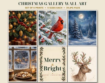 Christmas Wall Art Set of 6 Prints | Printable Gallery Wall Art | Vintage Christmas Decor, 5 Sizes Each | Instant Download