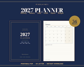 2027 Planner Printable | Monthly Weekly Daily Planner Pages, Goal & Habit Trackers | 56 Pages, US Letter | Instant Download