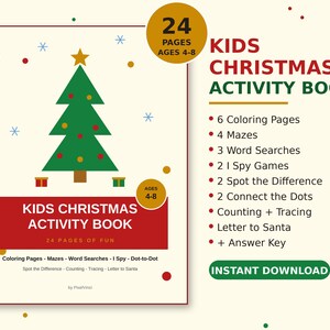 Kids Christmas Activity Book Printable | 24 Pages of Coloring, Mazes, Word Search & I Spy | Christmas Activities for Kids Ages 4-8