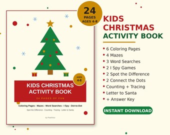 Kids Christmas Activity Book Printable | 24 Pages of Coloring, Mazes, Word Search & I Spy | Christmas Activities for Kids Ages 4-8