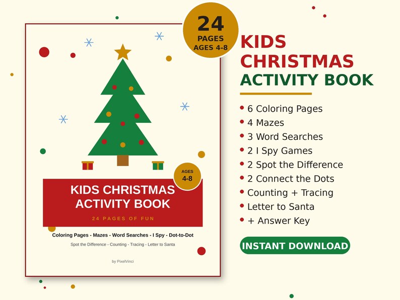 Kids Christmas Activity Book Printable | 24 Pages of Coloring, Mazes, Word Search & I Spy | Christmas Activities for Kids Ages 4-8 image 1