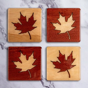 Fallen Maple Leaf Wood Inlay Coasters