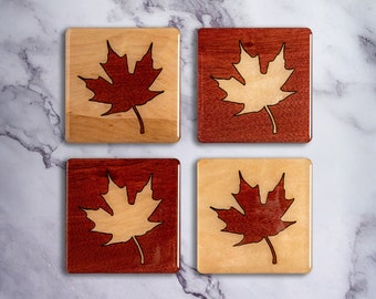 Fallen Maple Leaf Wood Inlay Coasters