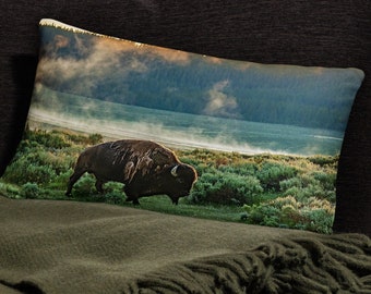 Sunrise Fauna Lumbar Bison Pillow Case, Buffalo Pillowcase, Yellowstone Decor