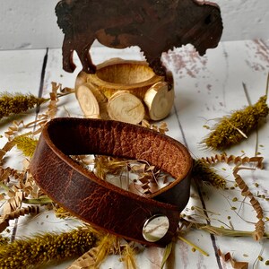 May include: A brown leather bracelet with a silver snap closure. The bracelet is lying on a white surface with dried grasses and paper shreds.