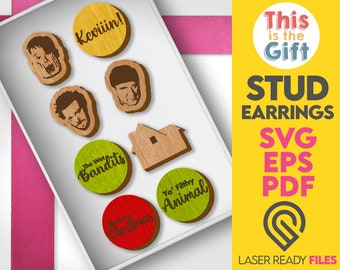 May include: A set of eight wooden stud earrings featuring characters and phrases from the movie Home Alone. The earrings are in a white box with a yellow background that says "This is the Gift" and "STUD EARRINGS SVG EPS PDF LASER READY FILES".