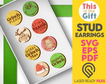 May include: A set of eight Grinch-themed stud earrings in a white box. The earrings feature various images from the movie, including the Grinch's face, Cindy Lou Who, and the Grinch's reindeer. The text "This is the Gift" is written on a yellow background.