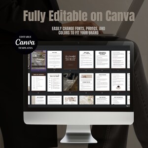 May include: A computer screen displaying a digital ebook with the title "Dream Big" and the text "It's a beautiful day to go after your dreams." The ebook is divided into chapters and includes a table of contents. The screen is labeled "Fully Editable on Canva" and "Editable Canva Templates".