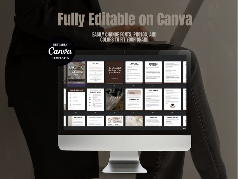 May include: A computer screen displaying a digital ebook with the title "Dream Big" and the text "It's a beautiful day to go after your dreams." The ebook is divided into chapters and includes a table of contents. The screen is labeled "Fully Editable on Canva" and "Editable Canva Templates".