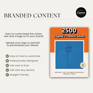May include: A digital product ideas ebook cover with a blue background and a vase of flowers. The cover is orange and white with the text "2500 Digital Products Ideas".
