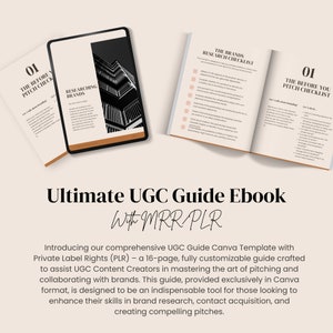 May include: A guide for content creators on how to pitch brands for user-generated content (UGC) collaborations. The guide is a 16-page Canva template with private label rights (PLR). The guide includes a checklist for researching brands and a checklist for pitching brands. The guide is designed to help content creators enhance their skills in brand research, contact acquisition, and creating compelling pitches.